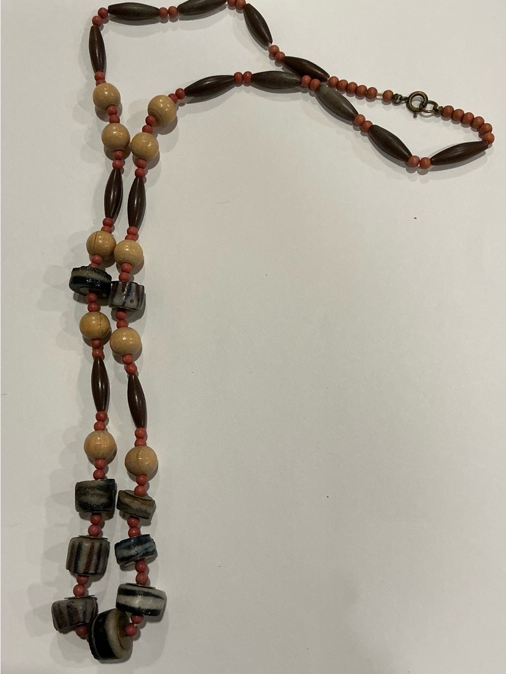 Beaded Long Necklace in Coral, Brown & Cream